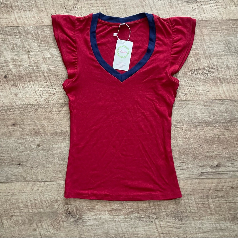 Amazon Women's Red V-Neck Tank with Navy Trim